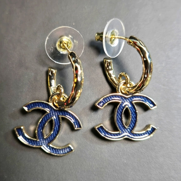 Authentic Chanel Earrings Coco Mark GP Plated Champagne Gold Black Ladies