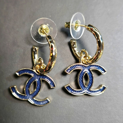 Authentic Chanel Earrings Coco Mark GP Plated Champagne Gold Black Ladies