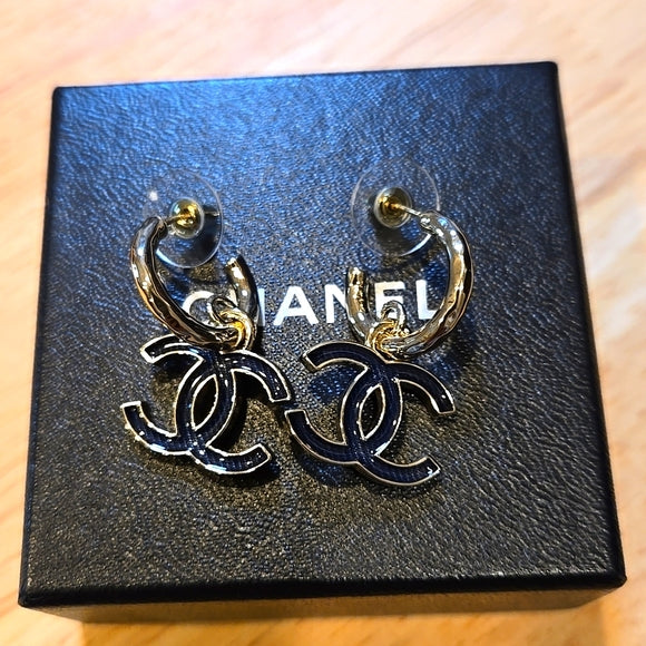 Authentic Chanel Earrings Coco Mark GP Plated Champagne Gold Black Ladies