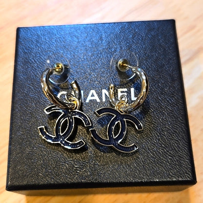 Authentic Chanel Earrings Coco Mark GP Plated Champagne Gold Black Ladies