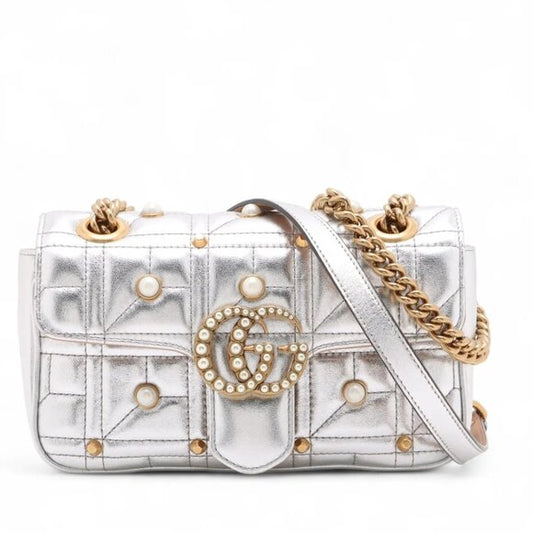 Gucci GG Marmont Leather Chain Shoulder Bag Silver