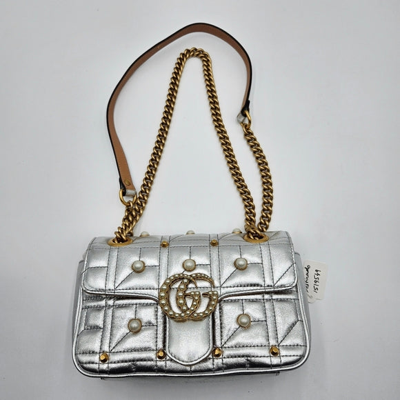 Gucci GG Marmont Leather Chain Shoulder Bag Silver
