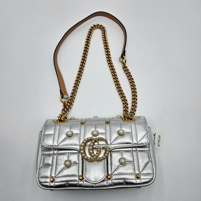 Gucci GG Marmont Leather Chain Shoulder Bag Silver