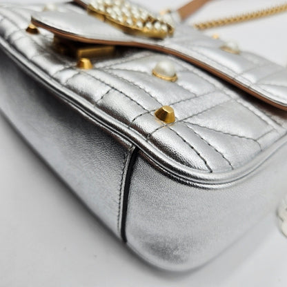 Gucci GG Marmont Leather Chain Shoulder Bag Silver
