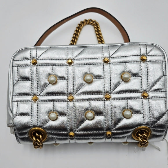 Gucci GG Marmont Leather Chain Shoulder Bag Silver