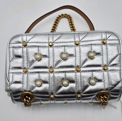 Gucci GG Marmont Leather Chain Shoulder Bag Silver