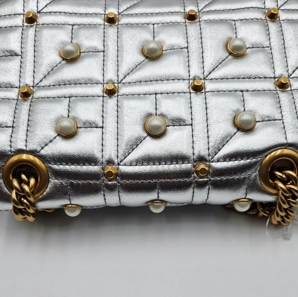 Gucci GG Marmont Leather Chain Shoulder Bag Silver