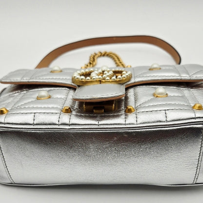 Gucci GG Marmont Leather Chain Shoulder Bag Silver