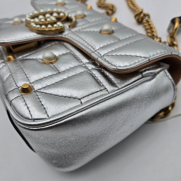 Gucci GG Marmont Leather Chain Shoulder Bag Silver