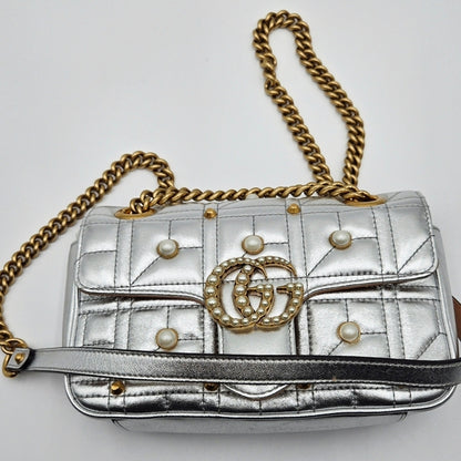 Gucci GG Marmont Leather Chain Shoulder Bag Silver