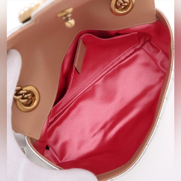 Gucci GG Marmont Leather Chain Shoulder Bag Silver