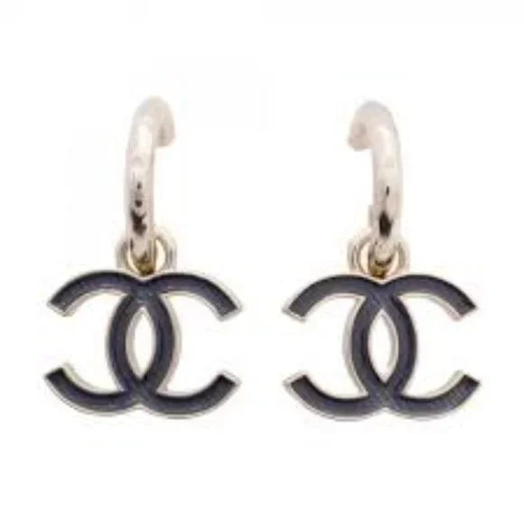 Authentic Chanel Earrings Coco Mark GP Plated Champagne Gold Black Ladies