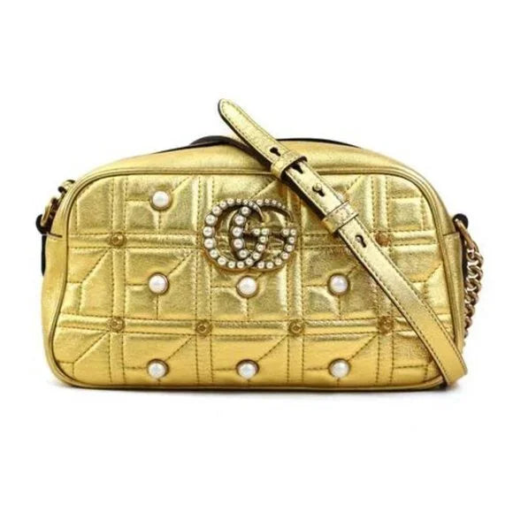 GUCCI Shoulder Bag GG Marmont Leather Faux Pearl Gold 447632