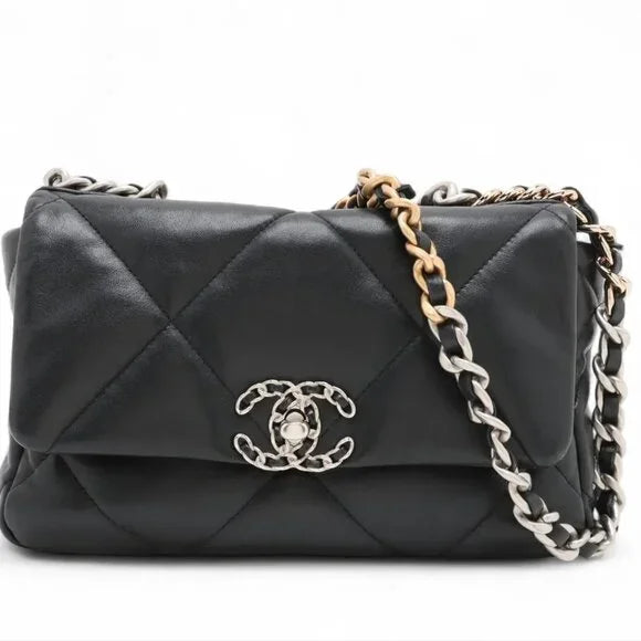 CHANEL 19 Lambskin Chain Shoulder Bag Gold x Silver - COA included