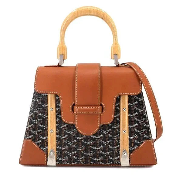 Goyard Saigon PM 2-way hand/shoulder Bag - PVC, leather, wood, black/brown Herringbone