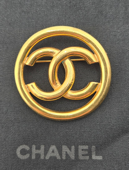Chanel Gold Plated Coco Mark Circle Brooch Golden