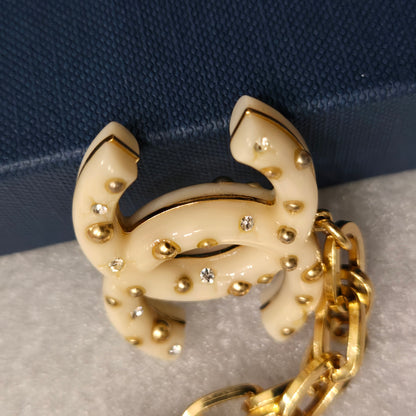 CHANEL Coco Mark Chain Necklace Pendant GP Plastic Studs Rhinestone Ivory Gold 06A