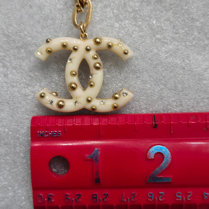 CHANEL Coco Mark Chain Necklace Pendant GP Plastic Studs Rhinestone Ivory Gold 06A