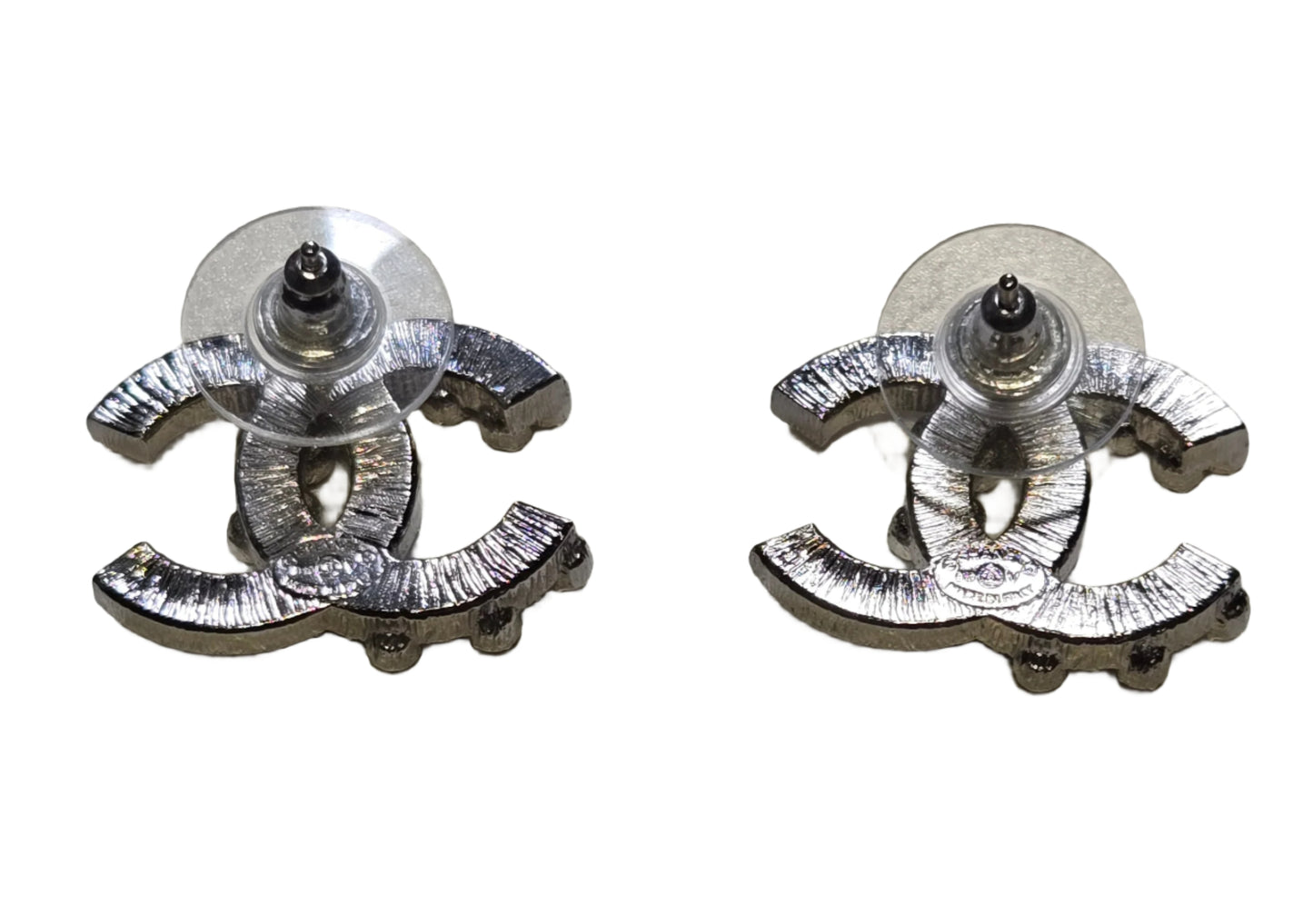 CHANEL B19V Coco Mark Rhinestone Earrings, Silver Color - LIKE NEW
