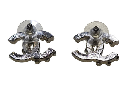CHANEL B19V Coco Mark Rhinestone Earrings, Silver Color - LIKE NEW