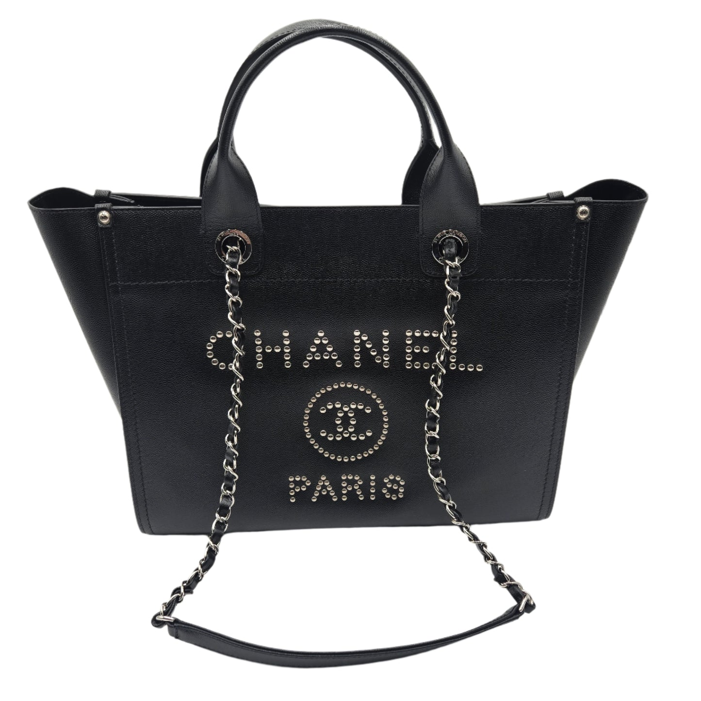 CHANEL Deauville 2way Chain Tote Shoulder Bag Studs Caviar Skin Black A57069