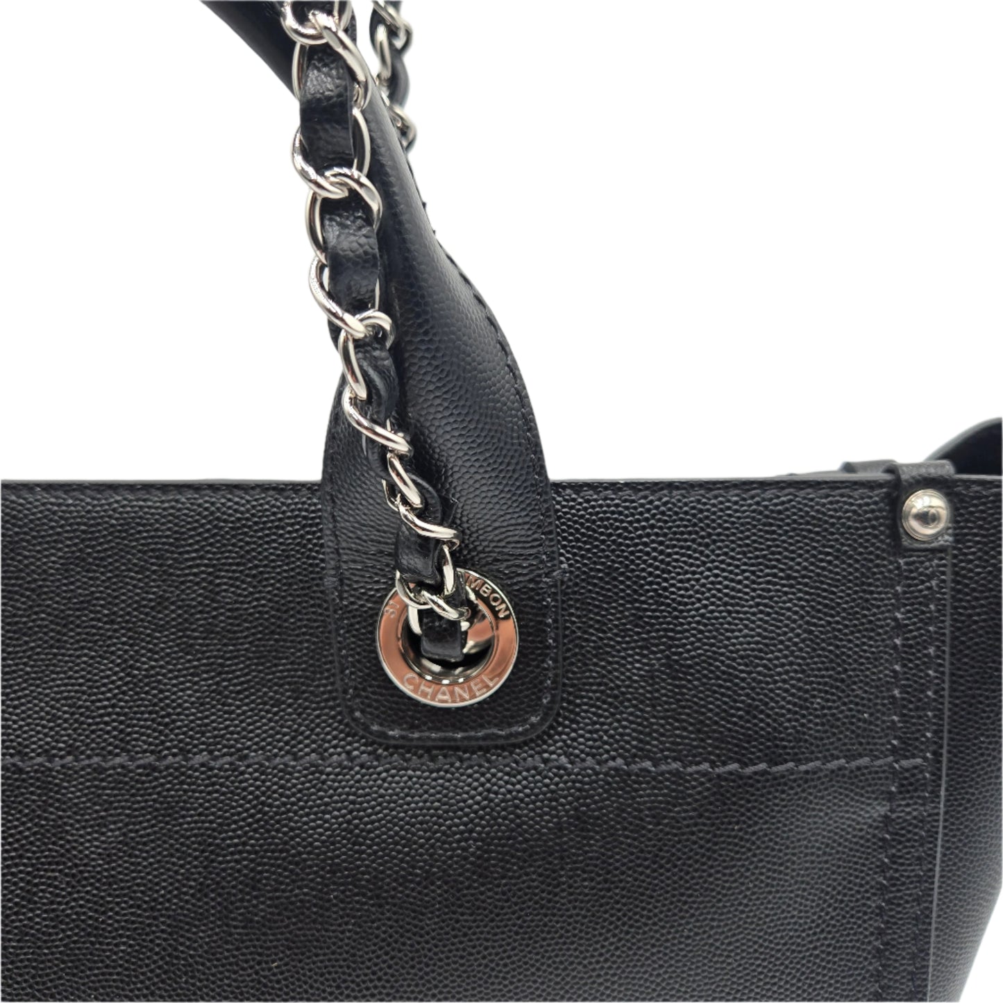 CHANEL Deauville 2way Chain Tote Shoulder Bag Studs Caviar Skin Black A57069