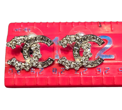 CHANEL B19V Coco Mark Rhinestone Earrings, Silver Color - LIKE NEW