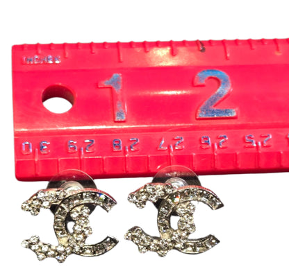CHANEL B19V Coco Mark Rhinestone Earrings, Silver Color - LIKE NEW