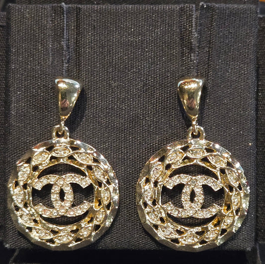 CHANEL Coco Mark Rhinestone Earrings Silver Metal
