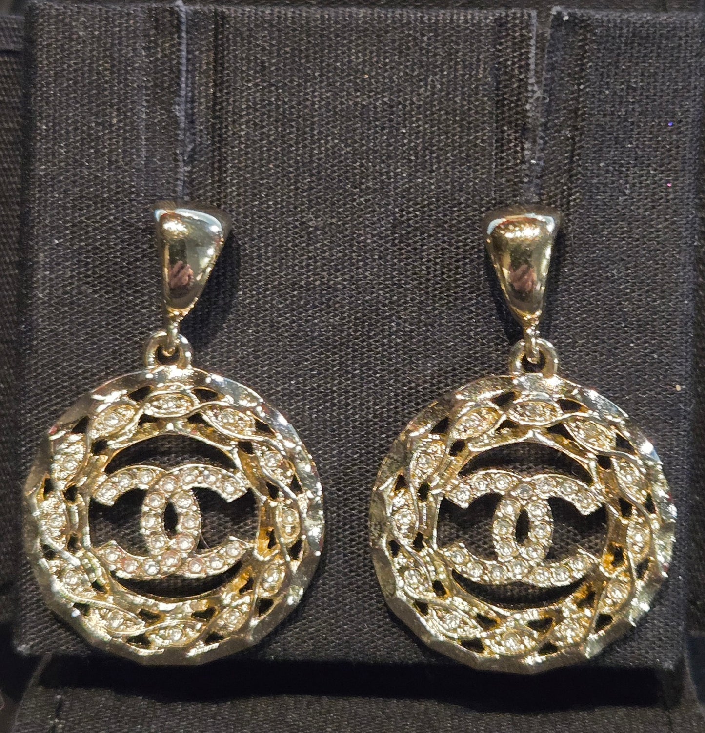 CHANEL Coco Mark Rhinestone Earrings Silver Metal