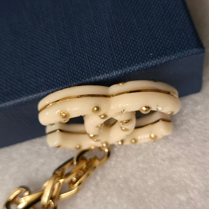 CHANEL Coco Mark Chain Necklace Pendant GP Plastic Studs Rhinestone Ivory Gold 06A