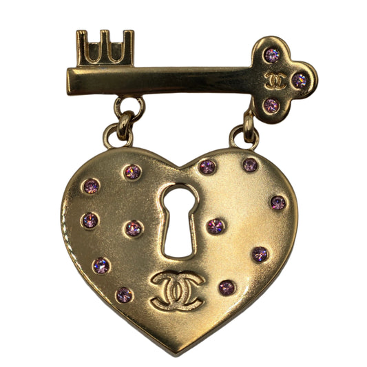 Chanel 2002 Rhinestone-Embellished Heart and Key Brooch