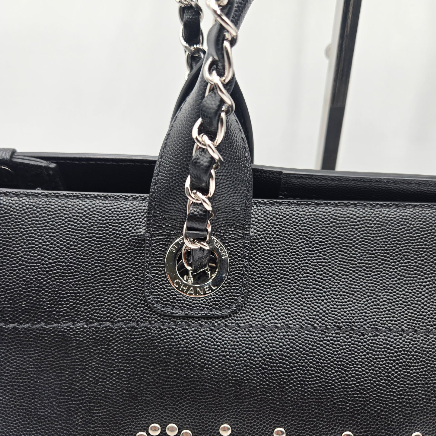 CHANEL Deauville 2way Chain Tote Shoulder Bag Studs Caviar Skin Black A57069