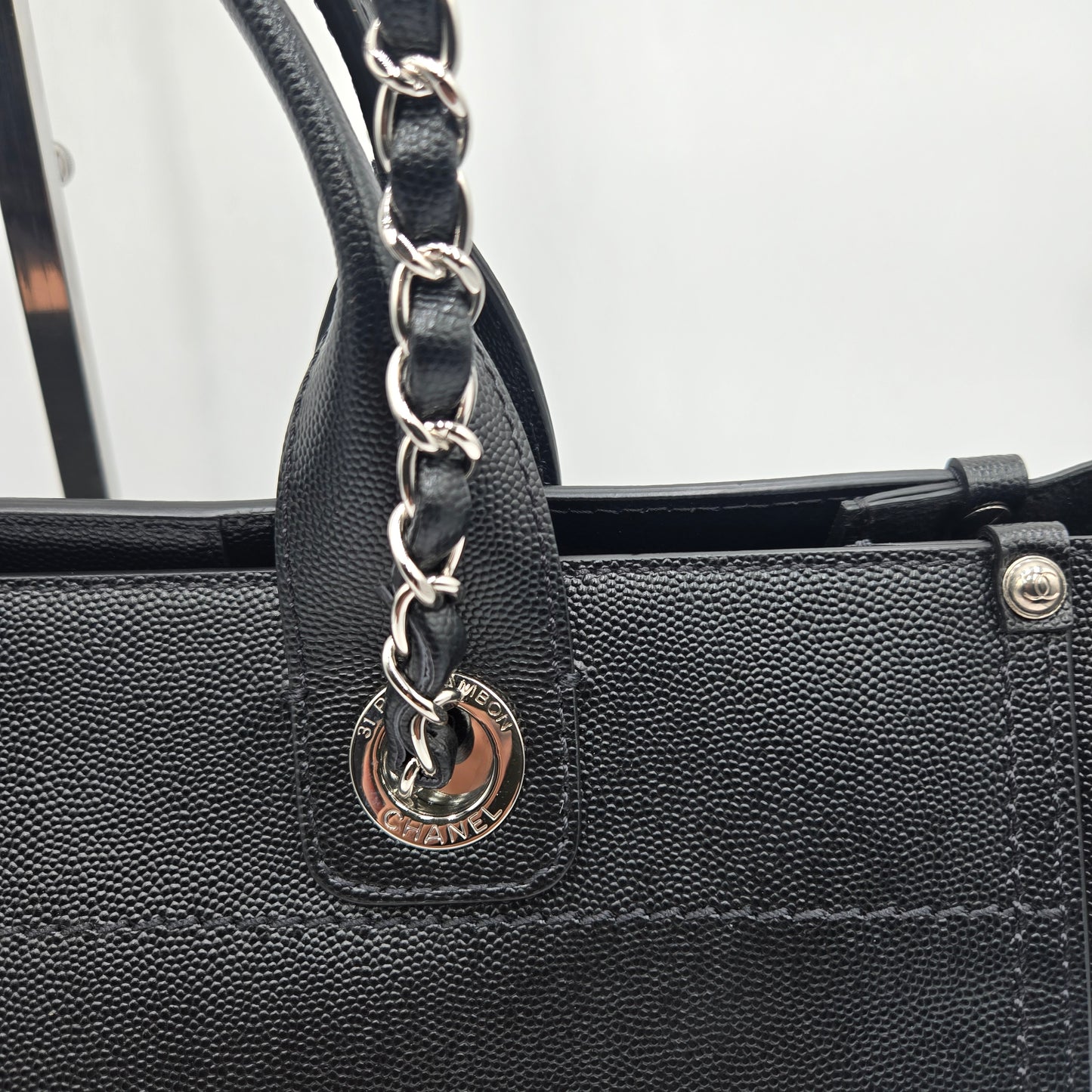 CHANEL Deauville 2way Chain Tote Shoulder Bag Studs Caviar Skin Black A57069