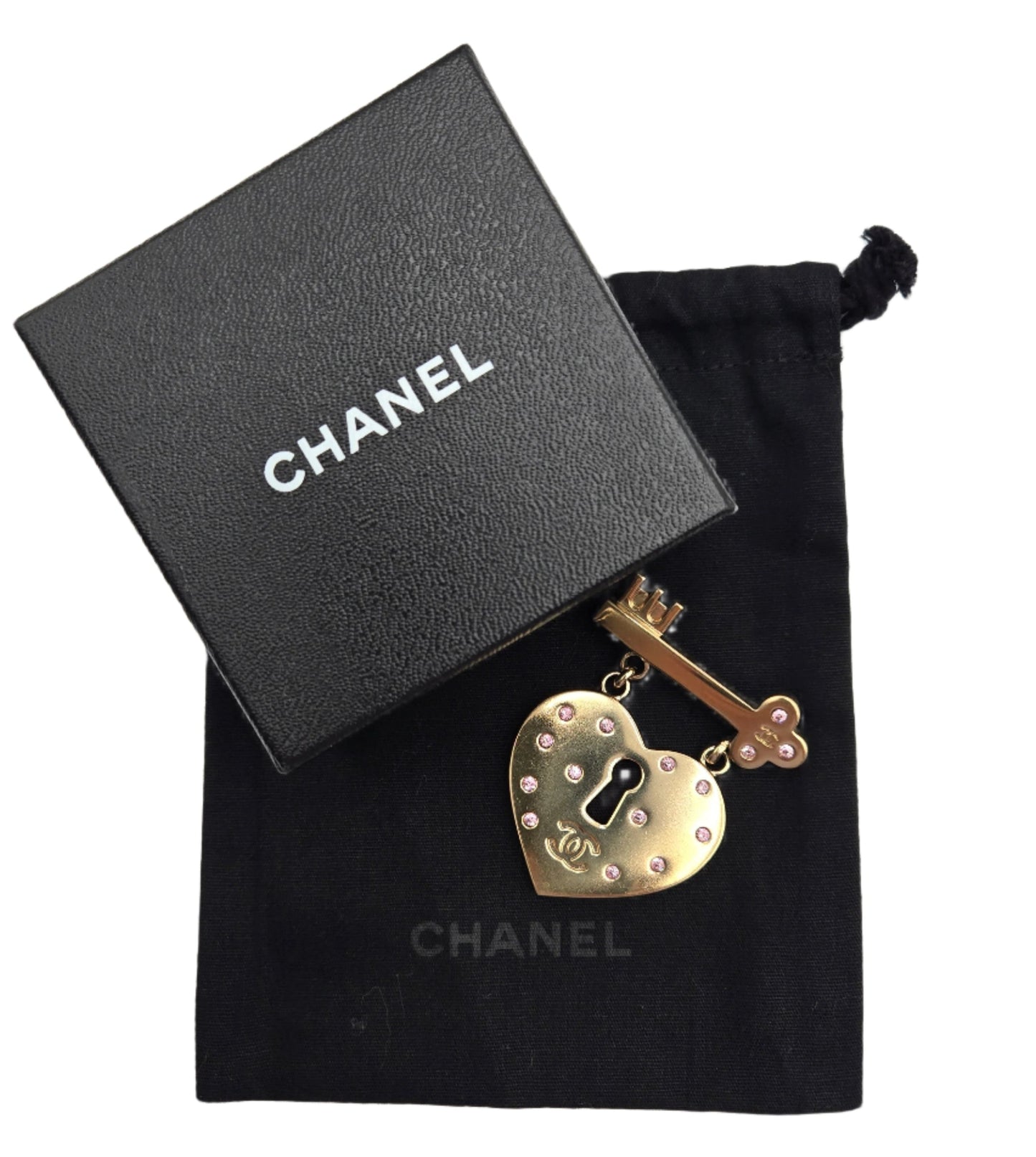 Chanel 2002 Rhinestone-Embellished Heart and Key Brooch