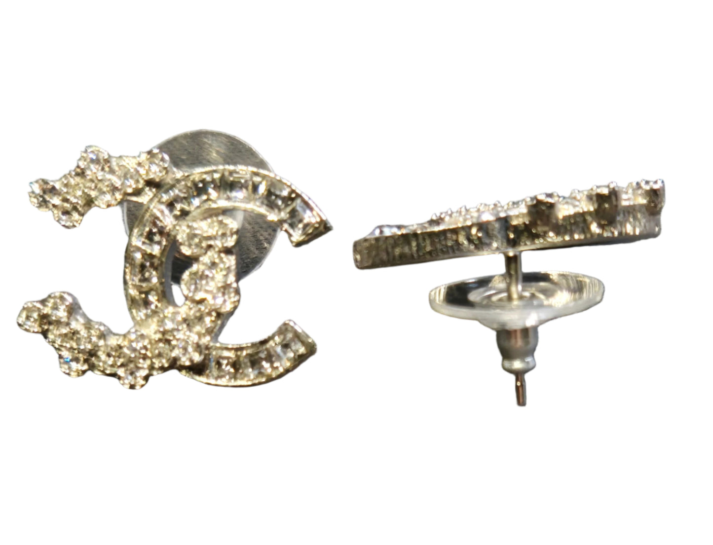CHANEL B19V Coco Mark Rhinestone Earrings, Silver Color - LIKE NEW