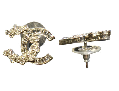CHANEL B19V Coco Mark Rhinestone Earrings, Silver Color - LIKE NEW