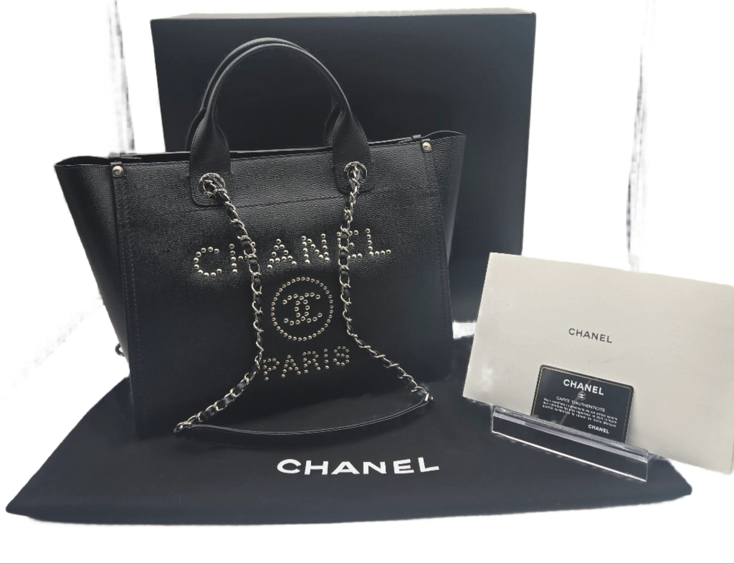 CHANEL Deauville 2way Chain Tote Shoulder Bag Studs Caviar Skin Black A57069