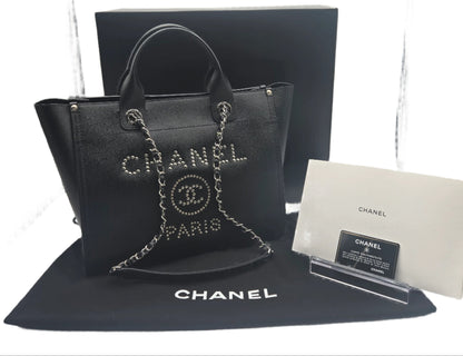 CHANEL Deauville 2way Chain Tote Shoulder Bag Studs Caviar Skin Black A57069