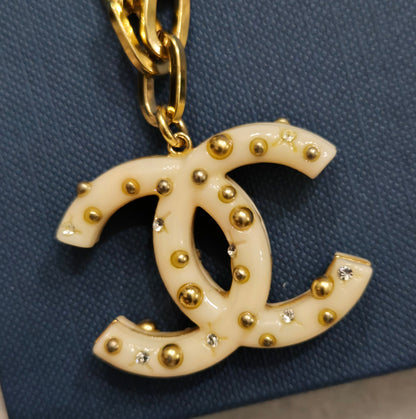 CHANEL Coco Mark Chain Necklace Pendant GP Plastic Studs Rhinestone Ivory Gold 06A