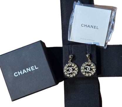 CHANEL Coco Mark Rhinestone Earrings Silver Metal