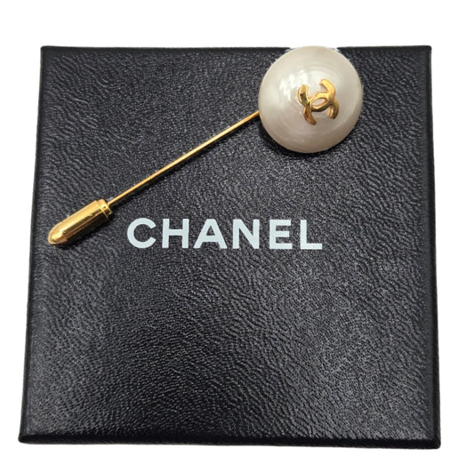 Chanel Classic Gold Plated CC Faux Pearl Pin - Vintage