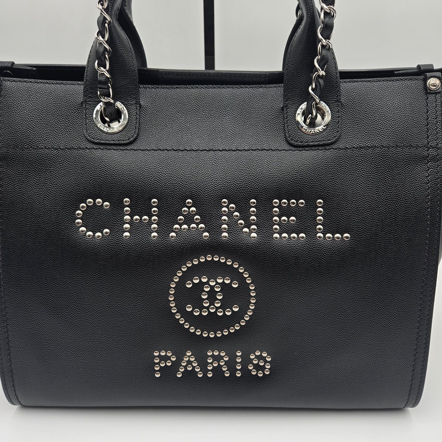 CHANEL Deauville 2way Chain Tote Shoulder Bag Studs Caviar Skin Black A57069