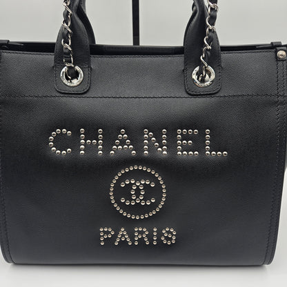 CHANEL Deauville 2way Chain Tote Shoulder Bag Studs Caviar Skin Black A57069