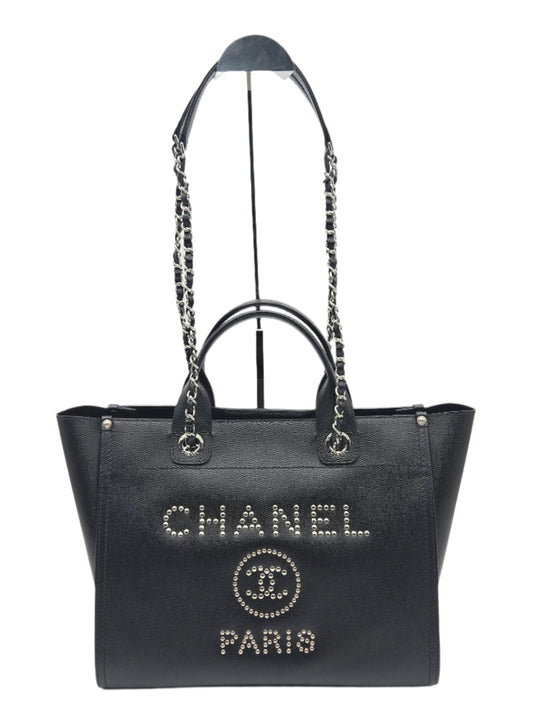 CHANEL Deauville 2way Chain Tote Shoulder Bag Studs Caviar Skin Black A57069
