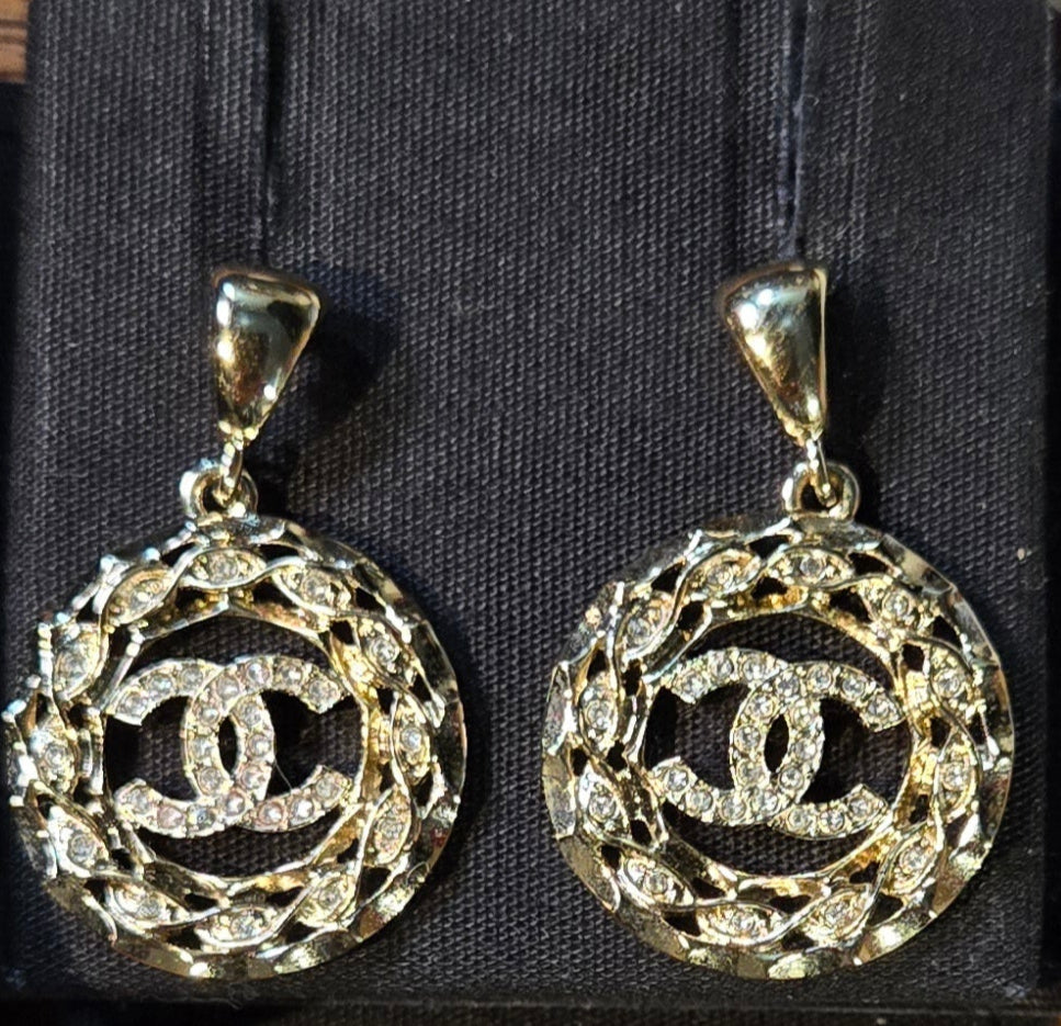 CHANEL Coco Mark Rhinestone Earrings Silver Metal