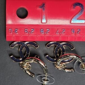 Authentic Chanel Earrings Coco Mark GP Plated Champagne Gold Black Ladies