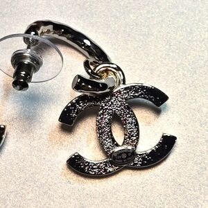 Authentic Chanel Earrings Coco Mark GP Plated Champagne Gold Black Ladies