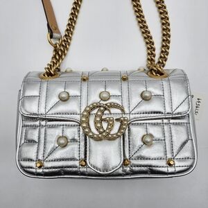 Gucci GG Marmont Leather Chain Shoulder Bag Silver
