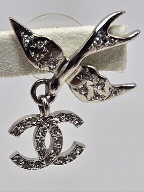 #175 - CHANEL Coco Mark Strass Bird Earrings Silver Tone Metal ABF759, C25S